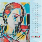 Kalenderdaten für Februar mit einem bunten, abstrakten Gemälde einer Frau im Hintergrund.