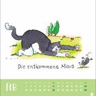 "Die entkommene Maus". Illustrativ ist eine Katze im Gras mit gestrecktem Vorderkörper und eine weglaufende Maus. Darunter Kalender für Februar.