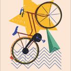 02. Eine bunte Fahrrad-Illustration mit geometrischen Formen wie Sterne und Zickzacklinien.