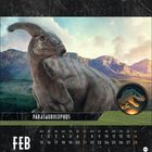„PARASAUROLOPHUS“ steht über Kalendertagen im Februar. Ein Dinosaurier vor einer Berglandschaft. Rechts ein rundes Dino-Logo.
