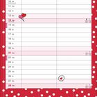 Kalender mit "NAME", Daten 01-28, Rosenmontag am 8., Valentinstag am 14. Illustration: Katze mit Herzluftballons.