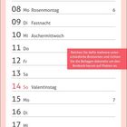 Kalender für Februar mit Tipps zur Brotzeit, Feiertage markiert. Oben: Brot, Aufschnitt, Essiggurken.