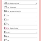 Kalenderseite für Februar mit Daten und Feiertagen. Oben blühende Schneeglöckchen und Helleborus vor einem Baumstamm.