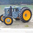 FEBRUAR, Cv 45-50. Blauer Traktor mit gelben Rädern steht am Seeufer, waldreiche Umgebung im Hintergrund.