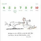 Kalender von Januar 2027, Zitat: „Es hängt von dir selbst ab, ob du das neue Jahr als Bremse oder Motor benutzen willst“ – Henry Ford. Illustration von zwei Personen, die sich ziehen.