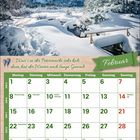 Kalenderblatt für Februar mit idyllischer verschneiter Landschaft. Spruch: "War’s in der Petersnacht sehr kalt, dann hat der Winter noch lange Gewalt."