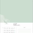 Kalenderblatt für Februar mit Kalenderwochen und Notizbereich. Ein grüner Zweig verziert das Design.