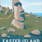 Text: "Easter Island, Chile, Februar". Illustration von Moai-Statuen auf grünen Hügeln mit blauem Himmel und Meer im Hintergrund.