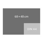 Text "68×48 cm" auf dunkelgrauem Hintergrund, daneben kleiner grauer Bereich mit "DIN A4".