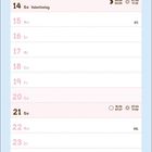 Kalenderseite für Februar mit „Always Cozy“. Illustration: Drei Katzen und Herzen, blau-rosa Farbschema.