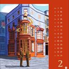 Kalender mit Datumsangaben, Weasleys’ Wizard Wheezes in orangem Gebäude, zwei Männer davor, verspielte Figuren.