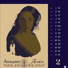 Kalender mit Daten, Illustration einer Frau, Schriftzug "Aragorn" und "Arwen" mit Baum und dekorativen Elementen.