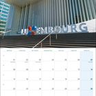 Kalender für Februar 2027, mit Feiertagen. Im Hintergrund ein modernes Gebäude mit LUXEMBOURG-Schriftzug.