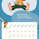 Eine Illustration mit dem Text "Februar", darunter: "Pumuckl neckt, Pumuckl versteckt und keiner was meckt." Kalender für Februar.