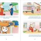 Links: Ein Postbote überreicht ein Paket; Mama unterschreibt. Rechts: Der Postbote geht weiter, Mama öffnet das Paket.