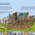 "NOAH UND SEINE ARCHE" in großer Schrift. Eine bunte und verspielte Illustration von Noahs Arche mit vielen Tieren in verschiedenen Stilen gruppiert rundherum.