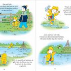 Papa und Bobo gehen zum Bach. Bobo trägt gelbe Gummistiefel. Der Spielplatz steht unter Wasser. Ente fliegt mit Quaken.