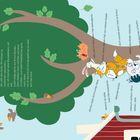 Mehrere Tiere auf einem Baum, darunter ein Hase, ein Fuchs und ein Hund. Texte beschreiben ihre Dialoge miteinander.