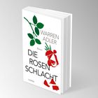 "Warren Adler, Die Rosenschlacht, Roman, Lübbe" auf Buchcover. Grüne Blätter und rote Rose als Illustrationen.