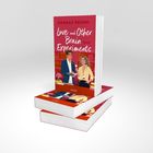 "Buchtitel: 'Love and Other Brain Experiments' von Hannah Brohm. Illustration: Zwei Personen im Gespräch, Bibliotheksmotiv."