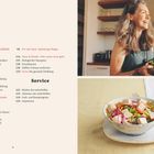 Texte umfassen Kapitel zu Apfelessig. Links Textliste, rechts oben lachende Frau mit Salat, unten Salatschüssel.