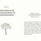 Tag 2: VERWANDELN SIE GELDAUSGÄNGE IN GELDEINGÄNGE. Zitat von Eric Butterworth. Illustration eines Baumes mit Geldscheinen.