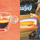 Links eine Espressotasse auf orangefarbenem Hintergrund; rechts ein Mann hält ein Sandwich vor einem Panini-Schriftzug.