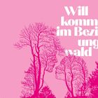 „Willkommen im Beziehungswald“. Silhouetten von Paaren bilden Bäume vor rosa Hintergrund.