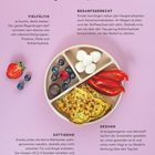 "Das Prinzip: Snack dich groß!" steht über vier Textabschnitten. Ein Teller mit Obst, Gemüse und Snacks.