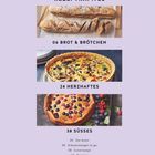 "Rezeptkapitel: 06 Brot & Brötchen, 24 Herzhaftes, 38 Süßes. Bilder von Baguette, Quiche und Beerenkuchen auf lavendelfarbenem Hintergrund."