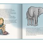 Text spricht über einen "Elefanten im Raum" und Kommunikation über den Tod. Links sitzt ein Mädchen, rechts ist ein Elefant gezeichnet.