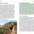 Titel: Die Reise beginnt zu Hause. Überschriften: "Die Reise beginnt zu Hause", "Vom Alltags-Ich ins Pilger-Ich", "Bin ich fit fürs Pilgern?". Text beschreibt Vorbereitungen und Gedanken zum Pilgern. Unten: Ein Wanderer mit rotem Rucksack auf einem Weg in natürlicher Landschaft.