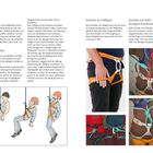 Links: Anseilenmethoden. Bild rechts zeigt Hüftgurte in Gebrauch. Links unten: Illustrationen verschiedener Gurte.