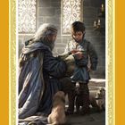 Eine Illustration zeigt einen alten Mann und einen Jungen, umgeben von Welpen in einem Raum mit verzierten Fenstern und Kerzen.