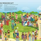 "JESUS MACHT VIELE MENSCHEN SATT" Überschrift. Illustration mit Jesus, Jüngern, Menschenmenge und See, Text beschreibt Wunder.