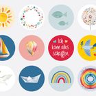 Text: "Ich kann alles schaffen" in einem roten Kreis. Verschiedene bunte Illustrationen in Kreisen: Sonne, Ballon, Regenbogen.