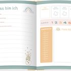 "Das bin ich" mit Feldern für Name, Geburtstag, Adresse. Niedliche Tierillustrationen: Igel mit Fahne, Bär und Fuchs mit Ente.