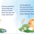 Texte: Der Fuchs spielt... Bist du denn... Der Mond... Gute Nacht. Illustration: Fuchs auf Wiese, schlafender Fuchs, Mond, Sterne.