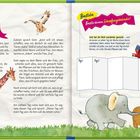 Zwei Seiten mit Texten über die Schöpfung; links Giraffenabbildung, rechts Bastelkalender mit Elefant, Papagei und anderen Tieren.