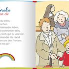 „Der Friede sei mit dir.“ Illustration: Menschen reichen sich lächelnd die Hand; bunter Regenbogen darunter.