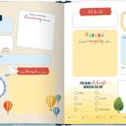 Zwei Seiten mit Feldern zum Ausfüllen. Enthält Texte wie "Hier schreibt", "Für deine Zukunft", "Vergiss niemals", und "Deine Erstkommunion". Verspieltes Design mit Ballons, Sonne und Regenbogen.