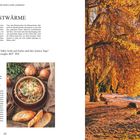 HERBSTWÄRME; ZWIEBESUPPE MIT RÖSTBROT Rezept; Herbstlandschaft mit gelbem Baum, See und Heißluftballon am Himmel.