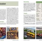 Reisekosten, Tagesbudget: Informationen zu Ausgaben pro Tag. Eintrittspreise und Guides. Übernachtung, Transport. Preise für Wasser, Frühstück. Bilder von Salakfrüchten, Muskatnüssen, einem Bus und Rollern.