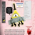 Text: "dAs Buchh Bll", "SEHR GUT BILL!", "Daumen hierhin drücken". Illustration eines gelben Dreiecks mit einem Auge.