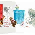 Text: "He, du da drin – mach bitte, bitte hin!" und ein Gedicht. Illustration: Tiere vor einer roten Tür und einem blauen Schrank.