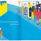 Text: "Auf der anderen Straßenseite stehen Menschen an der Bushaltestelle. Wenn man genau hinsieht, erkennt man, dass alle Menschen farbig sind. Das finde ich schön!"

Illustration: Verschiedene Menschen an einer Bushaltestelle und ein Kind läuft.