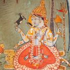 Eine detaillierte traditionelle Illustration einer hinduistischen Gottheit mit vier Armen auf einer Blume sitzend.