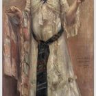 Text: „La Chemise Blanche“. Darstellung einer Frau in weißem Kleid mit Blumen in der Hand. Ölgemälde auf neutralem Hintergrund.