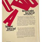 Sperren Sie endlich Ihren Kopf auf! DADA als politische Kunst. Unlock your heads at last! DADA as political art. Beige Hintergrund, großes rotes "DADA".