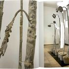 Graue, vertrocknete Sonnenblumen in Töpfen bilden eine Installation in einem hellen Ausstellungsraum.